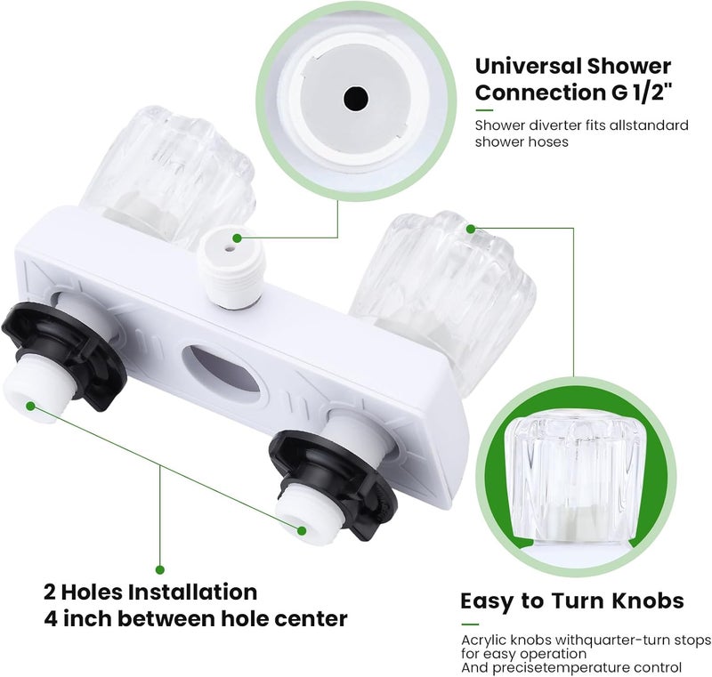 gcbcrit RV Shower Faucet, Dual-Handle Camper Shower Faucet with Acrylic Knobs, 4" RV Shower Valve Diverter, RV Outdoor Shower for RV, Camper Van, Outside and Inside Bathroom Shower (White) - Image 4
